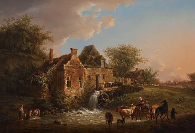 Landscape with waterfall and farm